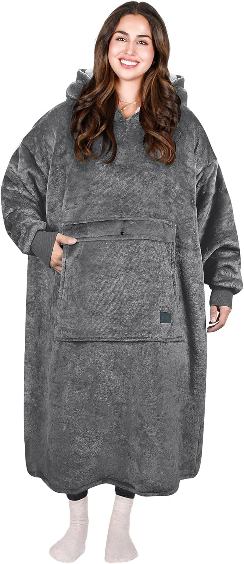 Extra lange Oversized Hoodie-Decke Sweatshirt Bequeme Sherpa Riesen Tragbare Decken Weihnachtsgeschenke für Erwachsene Männer Frauen Teenager Ehefrau Freundin Grau